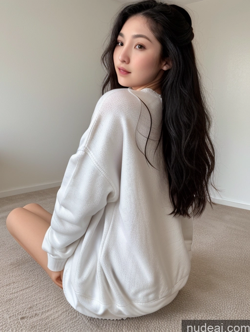 ai nude image of arafed woman sitting on the floor in a white sweater pics of Small Tits Beautiful Skinny Fairer Skin Korean Long Hair Black Hair 18 Plank Oversized Sweater/Hoodie