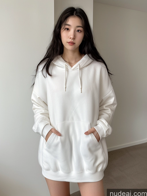 ai nude image of arafed woman in a white hoodie standing in a room pics of Small Tits Beautiful Skinny Fairer Skin 18 Black Hair Long Hair Korean Front View Spreading Legs Oversized Sweater/Hoodie