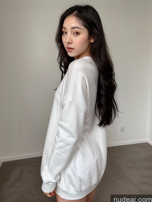 ai nude image of arafed woman in a white sweatshirt and shorts standing in a room pics of Small Tits Beautiful Skinny Fairer Skin 18 Black Hair Long Hair Korean Front View Spreading Legs Oversized Sweater/Hoodie