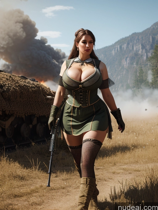 ai nude image of there is a woman in a green dress holding a gun pics of Dirndl Busty Huge Boobs Thick Long Legs Battlefield Mesh