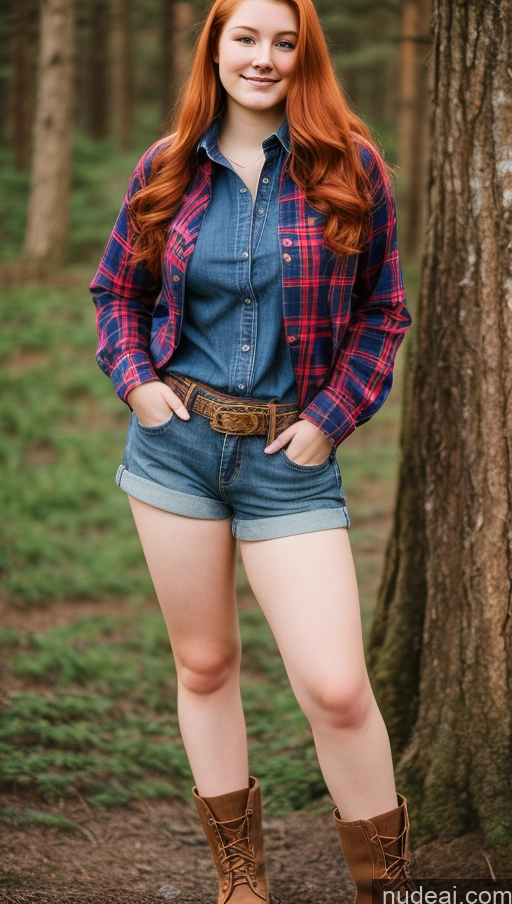 ai nude image of arafed woman in a plaid shirt and denim shorts posing for a picture pics of 18 Boots Jeans Ginger Lumberjack Thick Short Shorts