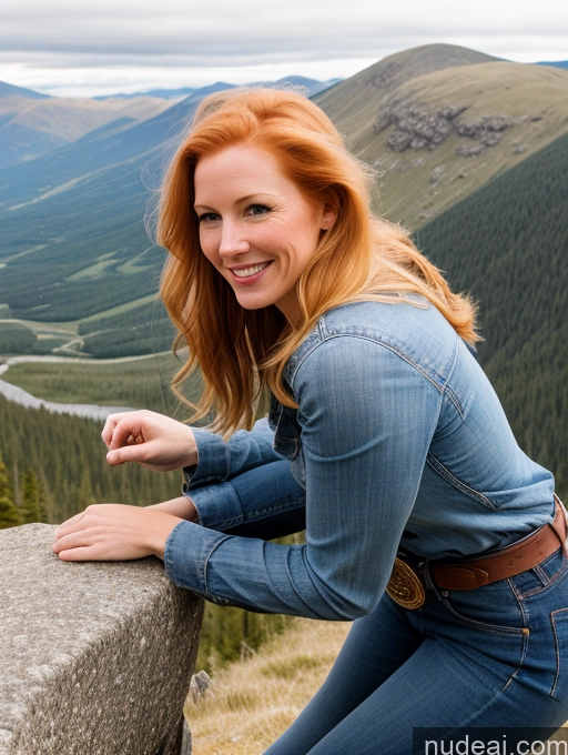 ai nude image of smiling woman leaning on a rock overlooking a valley and mountains pics of Model One Perfect Boobs 40s Happy Long Hair Jeans Western Mountains Fairer Skin Side View Blonde Irish Boots