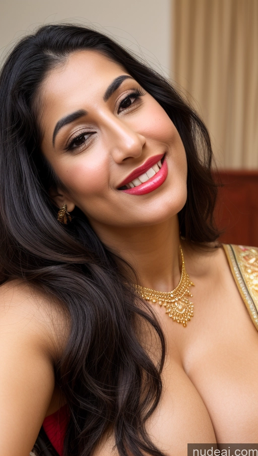 ai nude image of araffed woman with a big breast posing for a picture pics of Woman Busty Huge Boobs Beautiful Lipstick Big Ass Fairer Skin 50s Happy Seductive Sexy Face Black Hair Long Hair Middle Eastern Skin Detail (beta) Sari Traditional Jewelry Gold Jewelry Bright Lighting Close-up View