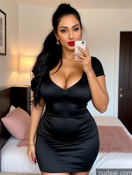 ai nude image of araffe woman in a black dress taking a selfie in a hotel room pics of Woman One Perfect Boobs Beautiful Lipstick Big Ass Chubby Long Legs Perfect Body 30s Happy Seductive Pouting Lips Black Hair Ponytail Indian Bedroom Front View Spreading Legs Dress Long Skirt Polo Shirt