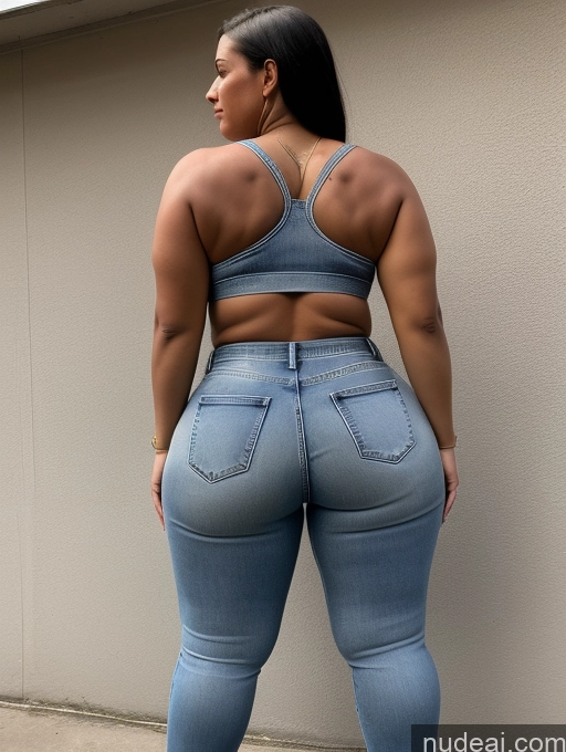 ai nude image of araffe butt lifter in a blue denim outfit standing against a wall pics of Athlete Big Hips Big Ass Jeans