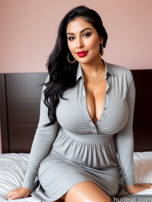 ai nude image of there is a woman sitting on a bed with a big breast pics of Woman One Perfect Boobs Beautiful Lipstick Big Ass Chubby Long Legs Perfect Body 30s Happy Seductive Pouting Lips Black Hair Ponytail Indian Bedroom Front View Dress Long Skirt Polo Shirt On Back