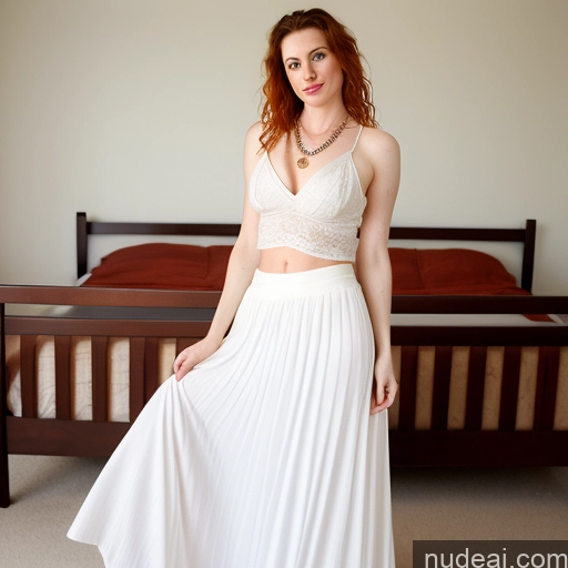 ai nude image of arafed woman in a white dress standing in front of a bed pics of 30s Woman One Fairer Skin Small Tits Ginger White Sexy Face Messy Long Skirt Blouse Jewelry