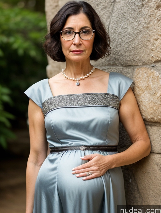 ai nude image of pregnant woman in a blue dress leaning against a stone wall pics of Milf Glasses Short Skinny Pregnant 50s Serious Shocked Black Hair Short Hair Jewish Dress Medieval Traditional Pearl Jewelry