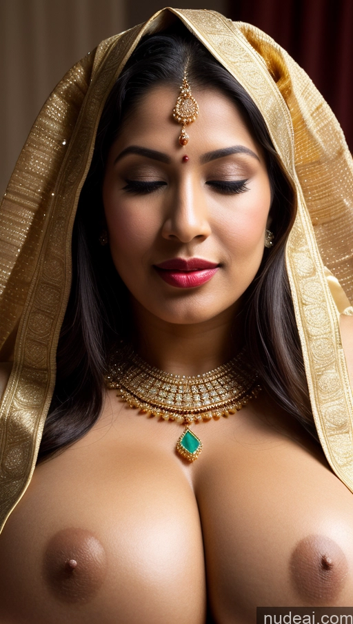 ai nude image of a close up of a woman with a veil on her head pics of Woman Busty Huge Boobs Beautiful Lipstick Big Ass Fairer Skin 50s Orgasm Black Hair Long Hair Indian Skin Detail (beta) Traditional Sari Jewelry Gold Jewelry Bright Lighting Detailed Thong Close-up View