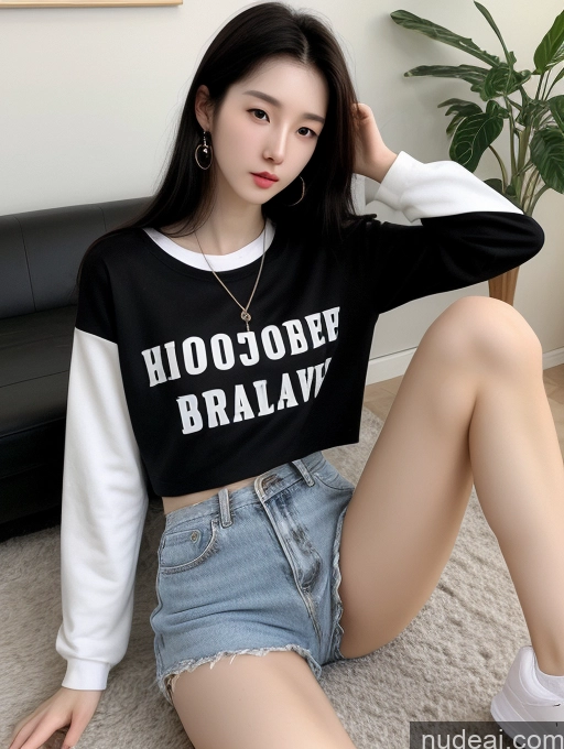 ai nude image of arafed woman sitting on the floor wearing a black and white shirt pics of Beautiful Skinny Perfect Body Fairer Skin 18 Black Hair Long Hair Korean Spreading Legs Hip Hop