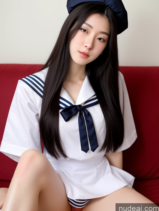 ai nude image of arafed asian woman in a sailor outfit sitting on a red couch pics of Beautiful Skinny Perfect Body Fairer Skin 18 Black Hair Long Hair Korean Spreading Legs Sailor No Panties?