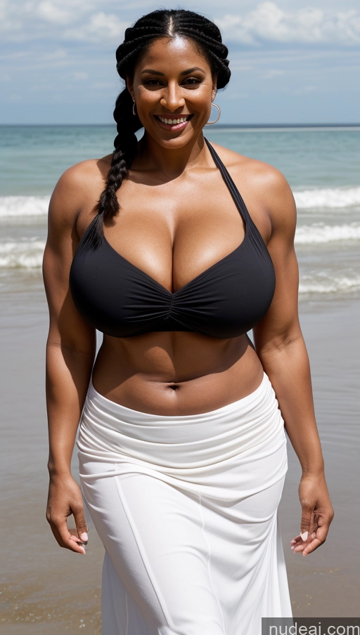 ai nude image of araffe woman in a black bikini top and white skirt on the beach pics of Milf Busty Beautiful Tattoos Muscular Big Ass Big Hips Tall Sexy Face Front View Dark Skin T-pose 50s Thick Beach Huge Boobs Indian Happy Braided Abs Black Hair Long Skirt Bikini Dark Lighting