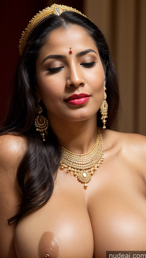 ai nude image of araffed woman with big breast wearing a gold necklace and earrings pics of Woman Busty Huge Boobs Beautiful Lipstick Big Ass Fairer Skin 50s Orgasm Black Hair Long Hair Indian Skin Detail (beta) Traditional Jewelry Gold Jewelry Bright Lighting Detailed Thong Close-up View Sari