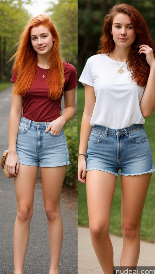 ai nude image of two women in short shorts and a t - shirt are standing on a sidewalk pics of 18 Short Shorts Jeans Shirt Ginger