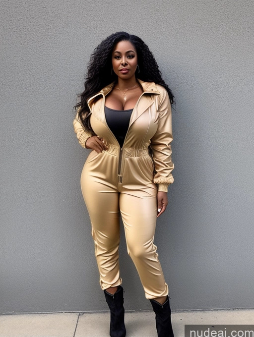 ai nude image of a woman in a gold suit posing for a picture pics of Busty Perfect Boobs Beautiful Perfect Body Dark Skin Long Hair Soft + Warm Front View Boots Jumpsuit Jacket 40s