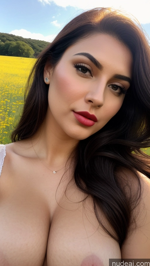 ai nude image of a close up of a woman with a big breast posing in a field pics of One Busty Beautiful Lipstick Big Ass Thick Big Hips Perfect Body Long Hair Fairer Skin 20s Pouting Lips Meadow Sari Bright Lighting Detailed Sexy Face British Black Hair