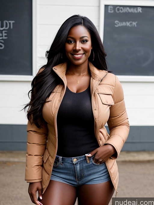 ai nude image of smiling woman in short shorts and jacket posing for a picture pics of Busty Perfect Boobs Beautiful Skinny Perfect Body Dark Skin 40s Long Hair Soft + Warm Front View Boots Jacket Teacher