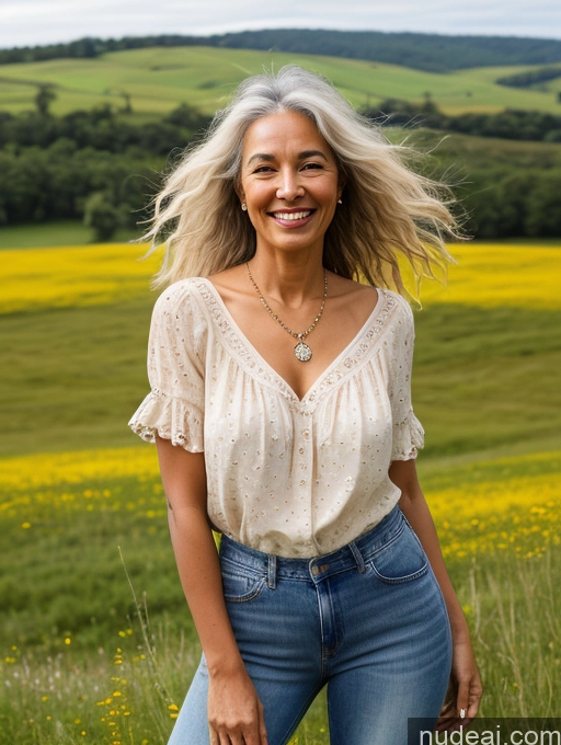 related ai porn images free for Woman One Small Tits Skinny Big Hips Happy White Hair Messy Brazilian Jeans Blouse Front View Jewelry Detailed 70s Meadow Dark Skin