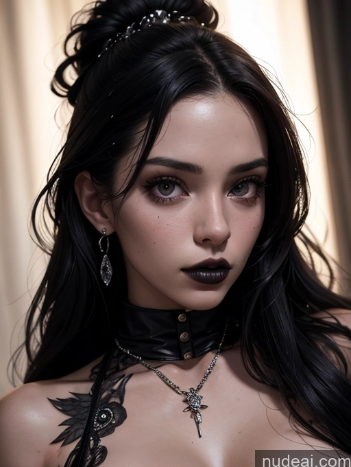 ai nude image of arafed woman with a black choke and a necklace with a cross on it pics of Woman One Sexy Face 18 Black Hair Long Hair White Close-up View Goth