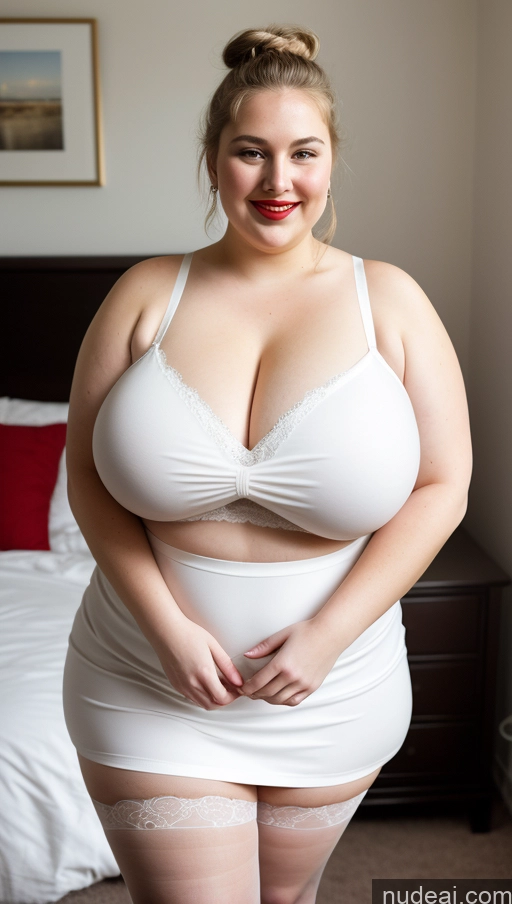 ai nude image of araffe woman in white dress posing for a picture in a bedroom pics of Fairer Skin 18 Happy White Front View Busty Huge Boobs Lipstick Big Ass Thick Chubby Fat Big Hips Short Pubic Hair Hair Bun Bedroom Micro Skirt Stockings