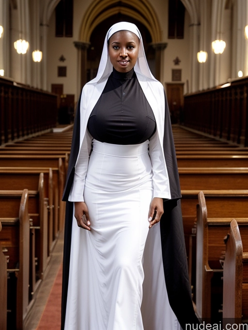 ai nude image of arafed woman in a nun's robe and black cape standing in a church pics of Busty Perfect Boobs Beautiful Perfect Body Dark Skin Long Hair Nilotic Soft + Warm Church Front View Boots Nun Topless 40s