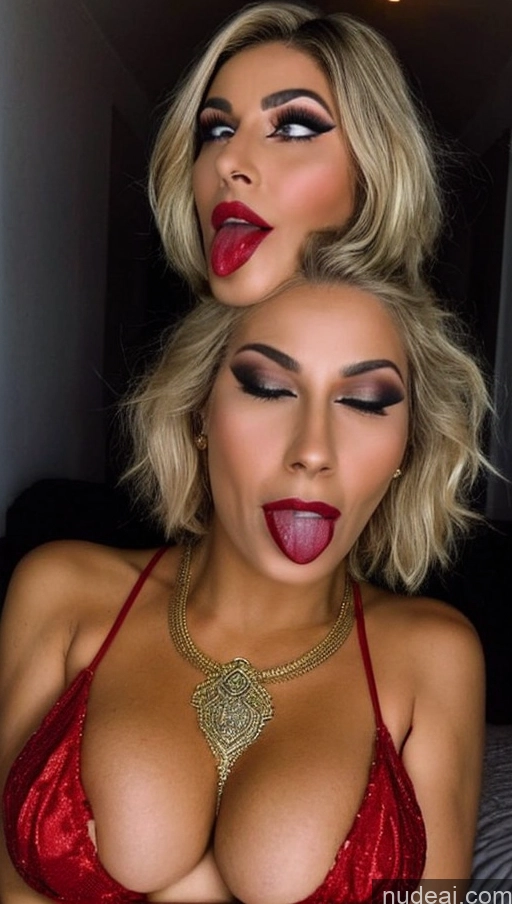 ai nude image of two women with red lipstick and red bras posing for a picture pics of Milf Busty Perfect Boobs Beautiful Lipstick Big Ass Short Hair Tanned Skin Orgasm Ahegao Blonde Brazilian Skin Detail (beta) Devil Cleavage Jewelry Detailed Last Sexy Face Hell 40s Pajamas