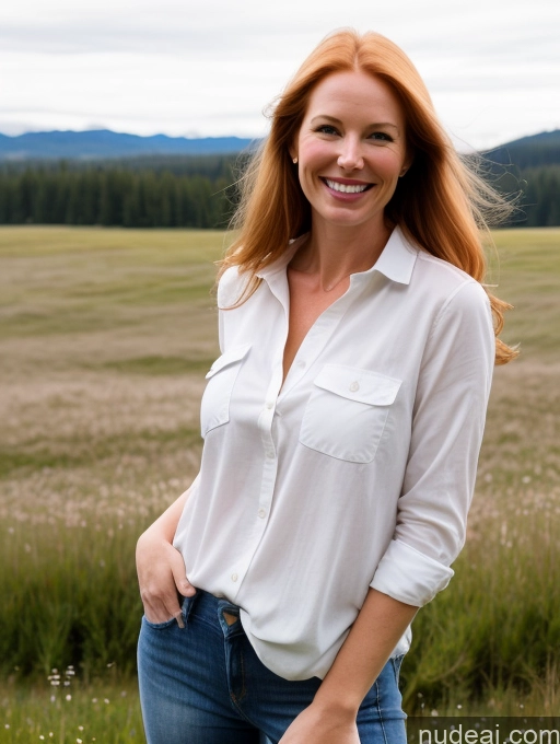 ai nude image of smiling woman in white shirt and jeans standing in field with mountains in background pics of Model One Perfect Boobs 40s Happy Long Hair Meadow Front View Jeans Shirt Fairer Skin Ginger Swedish