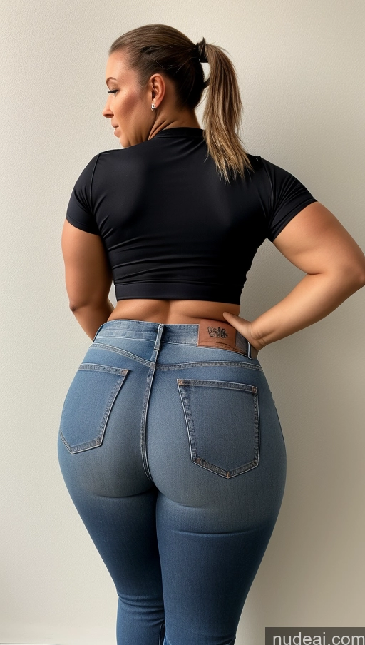 ai nude image of araffed woman in a black top and jeans with a brown belt pics of Athlete Big Ass Big Hips Jeans Ponytail