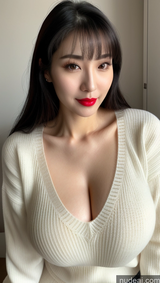 related ai porn images free for Woman One Huge Boobs Beautiful Lipstick Fairer Skin 30s Slicked Korean Close-up View Black Hair Sweater