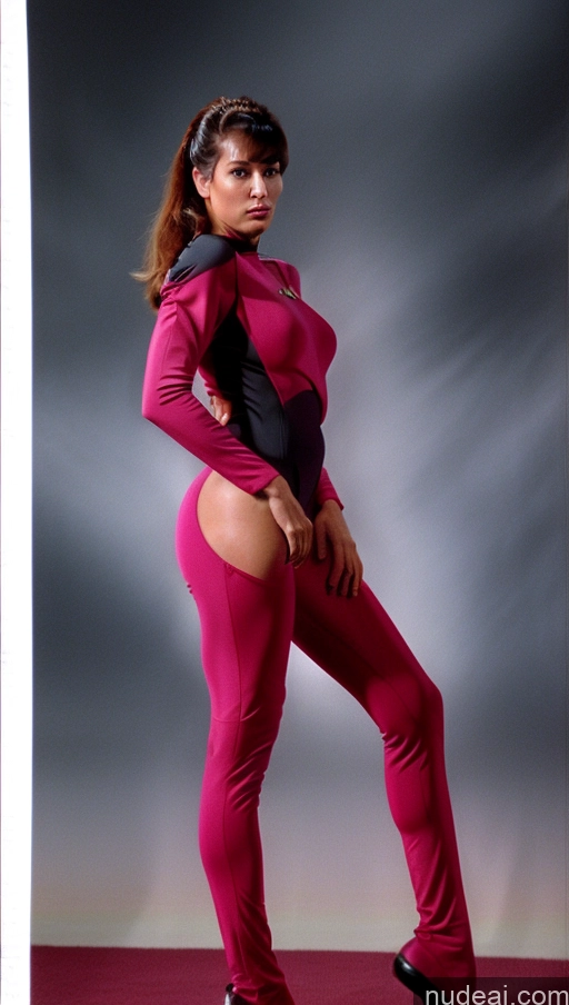 ai nude image of araffe in a pink suit posing for a picture pics of Model Perfect Boobs Big Hips Long Legs Tanned Skin Brunette Illustration Nude Space Suit Spandex Alternative Detailed Star Trek TNG Uniforms: Captains Clitoris