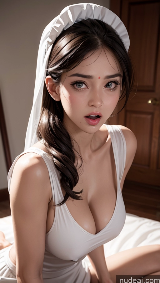 ai nude image of arafed asian woman in a white dress and a white headband pics of Perfect Body 30s Ahegao Indian Transparent Cleavage Shocked Detailed Perfect Boobs Maid