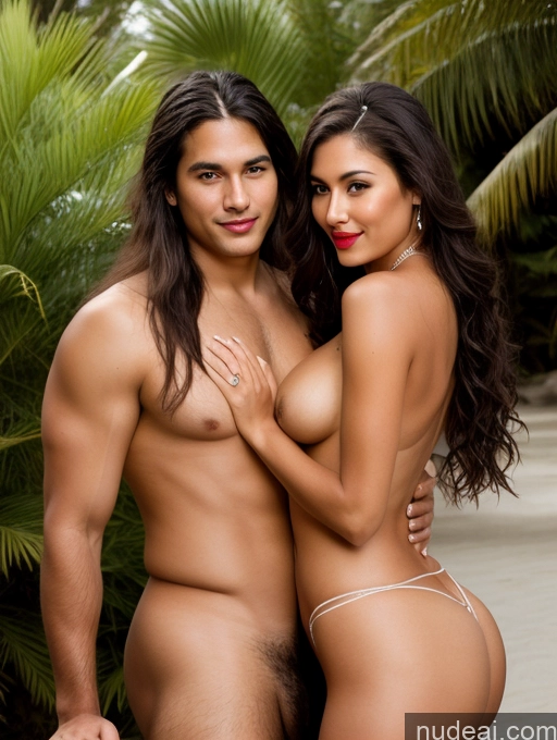 ai nude image of arafed couple posing for a picture in a tropical setting pics of Perfect Boobs Beautiful Big Ass Lipstick Big Hips Tanned Skin 20s Brunette Nude Long Hair Seductive Orgasm Native American Close-up View Wedding Woman + Man Two