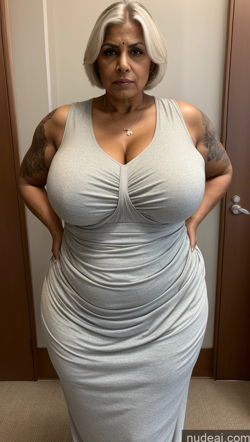 ai nude image of arafed woman in a grey dress standing in a room pics of Milf Beautiful Tattoos Big Ass Tall Dark Skin Sexy Face Indian 50s Bedroom Big Hips Huge Boobs Thick Busty Muscular Close-up View Angry Sari Abs White Hair Straight T-pose