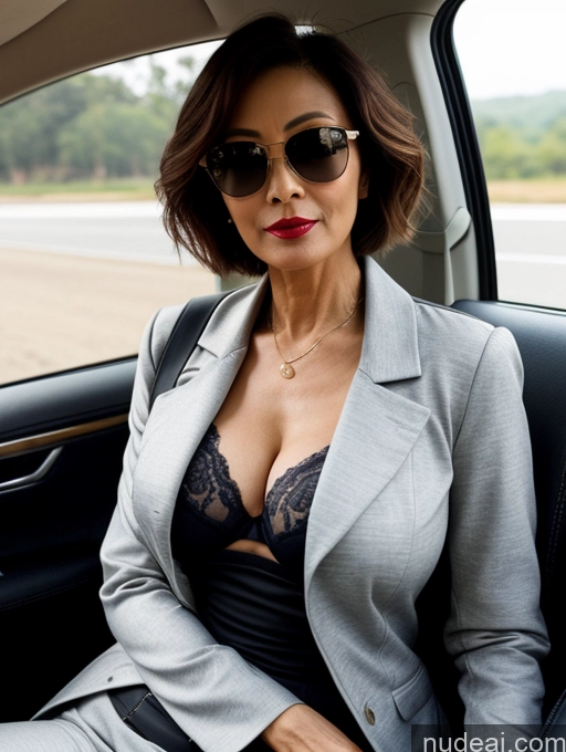 ai nude image of woman in a car wearing a suit and sunglasses sitting in the passenger seat pics of Milf Perfect Boobs Beautiful Sunglasses Lipstick Perfect Body 60s Pixie Chinese Car Bra Casual Jacket Professor Stylish Suit Cleavage Dark Lighting Detailed Sexy Face