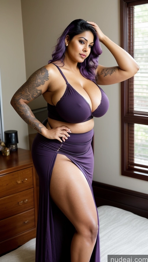 ai nude image of arafed woman in a purple dress posing in a bedroom pics of Milf Huge Boobs Beautiful Tattoos Big Ass Tall Dark Skin Alternative Sexy Face Seductive 50s Bedroom Indian T-pose Close-up View Long Skirt Fat Big Hips Perfect Body Purple Hair