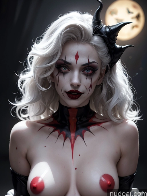 related ai porn images free for Dark Lighting Vampire Harlequin Halloween Goth Medieval Perfect Body Fairer Skin Oiled Body Czech Dark_Fantasy_Style Dynamic View White Hair Curly Hair Bodypaint Clown