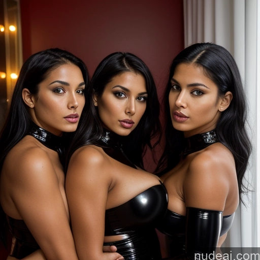 ai nude image of three women in latex posing for a picture in a room pics of 18 Model Sexy Face Black Hair Dominatrix Big Ass Tanned Skin Mirror Selfie Huge Boobs Perfect Body Bedroom Several Long Hair Devil Goth Latex Nude Yoga Pants Portuguese