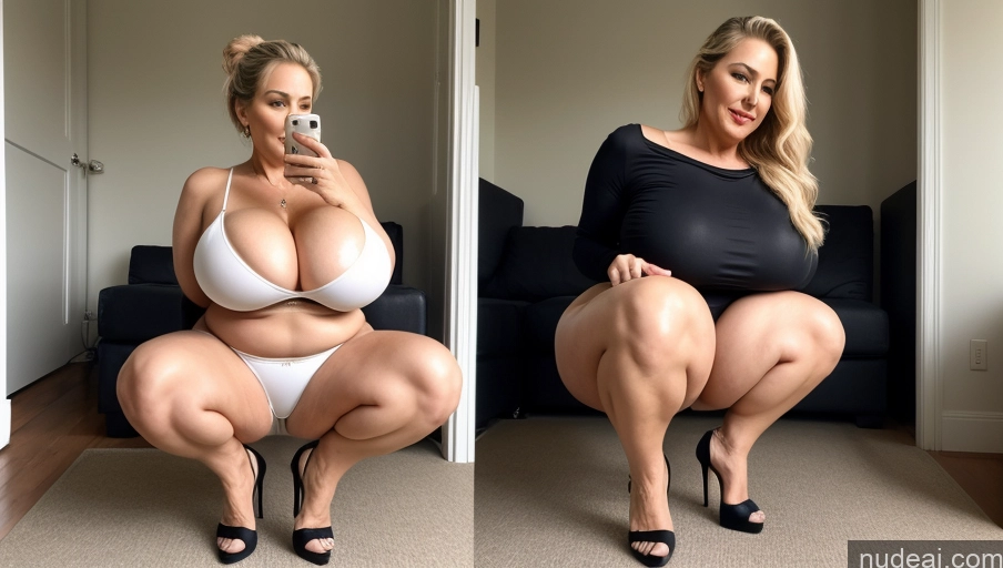 ai nude image of araffe woman in a black top and white panties taking a selfie pics of Milf Huge Boobs Perfect Boobs Lipstick Big Hips Long Legs Blonde Hair Bun Squatting High Heels Sexy Face Chubby Big Ass Panties 80s