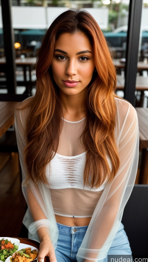 related ai porn images free for Beautiful 20s Serious Ginger Long Hair Brazilian One Transparent Front View Eating Restaurant Casual