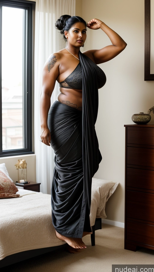 ai nude image of there is a woman in a black dress standing in a bedroom pics of Milf Huge Boobs Beautiful Tattoos Big Ass Tall Dark Skin 50s Sexy Face Seductive Thick Muscular Hair Bun Big Hips Fat Bedroom Black Hair Sari Jumping Front View