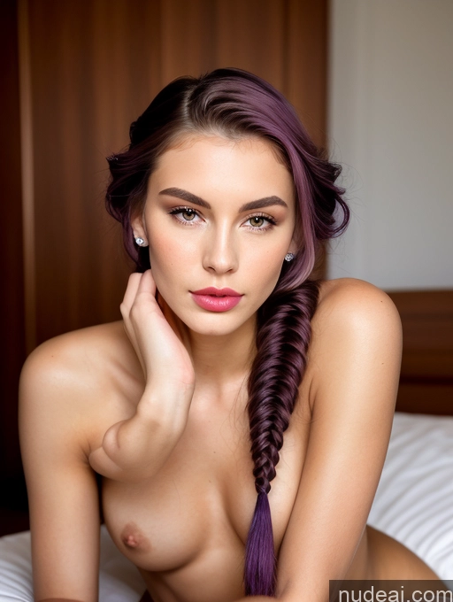 ai nude image of arafed woman with purple hair laying on a bed pics of Model Big Ass Skinny Short Tall Perfect Body Fairer Skin Oiled Body 18 20s Seductive Pouting Lips Purple Hair Braided