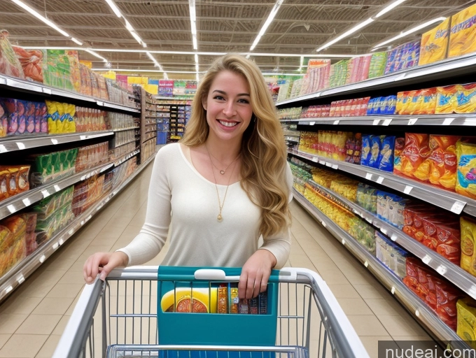 ai nude image of woman in a grocery store with a shopping cart full of food pics of Woman Perfect Body Fairer Skin 18 Blonde Long Hair Czech Soft + Warm Front View Bright Lighting Bending Over Happy Laughing Sexy Face Several Grocery 60s