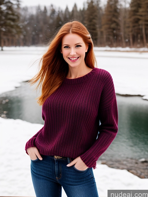 ai nude image of arafed woman in a purple sweater standing in front of a river pics of One 40s Happy Long Hair Jeans Blouse Fairer Skin Ginger Model Perfect Boobs Sweater Perfect Body Beautiful Russian Bright Lighting Snow