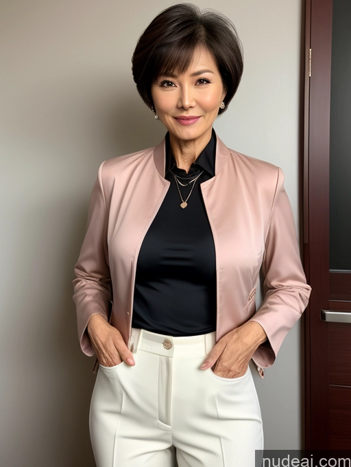 ai nude image of arafed woman in a pink jacket and white pants posing for a picture pics of Milf Perfect Boobs Beautiful Perfect Body Short Hair 60s Chinese Blouse Bra Jacket Professor Stylish Suit Detailed