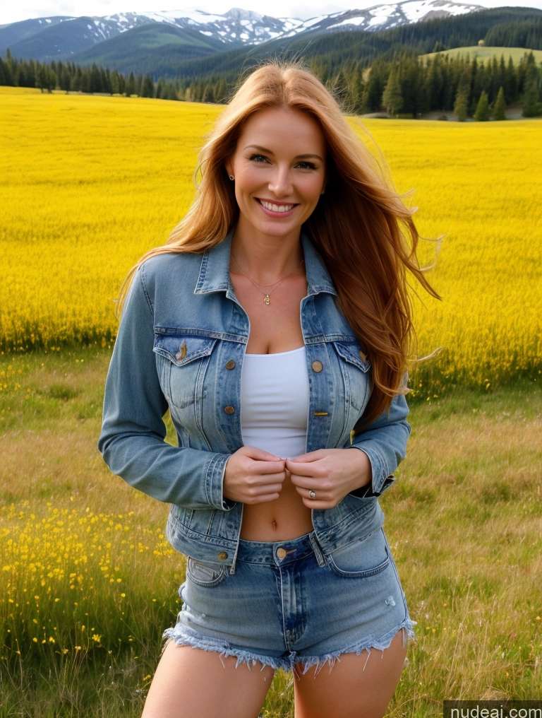 ai nude image of arafed woman in a field of yellow flowers posing for a picture pics of One 40s Happy Long Hair Jeans Ginger Model Perfect Boobs Perfect Body Beautiful Russian Bright Lighting Meadow Close-up View Fairer Skin Jacket