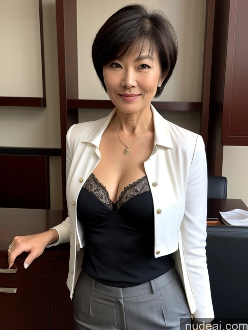 ai nude image of there is a woman standing in an office wearing a white jacket pics of Milf Perfect Boobs Beautiful Perfect Body Short Hair 60s Chinese Blouse Bra Jacket Professor Stylish Suit Detailed