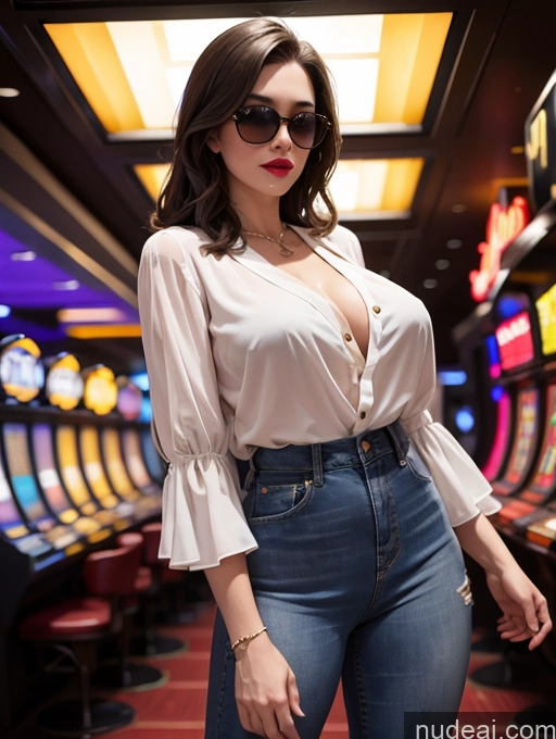 related ai porn images free for Woman Busty Beautiful Lipstick Bright Lighting Dark Lighting Detailed Sunglasses Casino Blouse Jeans Stylish Full Frontal