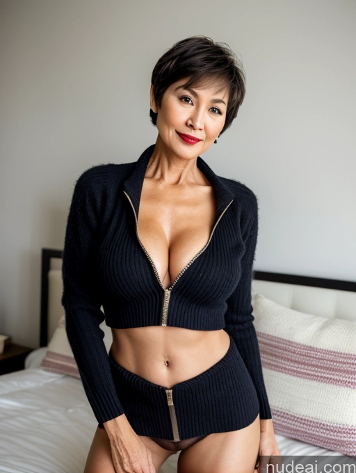 ai nude image of arafed woman in a black sweater and panties posing on a bed pics of Milf Perfect Boobs Beautiful Lipstick Perfect Body Pubic Hair Short Hair 60s Vietnamese Bedroom Sweater Topless Dark Lighting Detailed Sexy Face