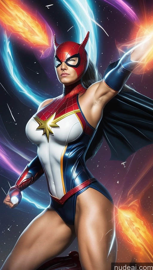 ai nude image of a woman in a superhero costume with a cape and a cape on pics of Busty Muscular Abs Captain Planet Superhero Power Rangers Hawkgirl Captain Marvel Mary Thunderbolt Spider-Gwen Batwoman Powering Up Surrealist Bodybuilder Dynamic View Black Cat