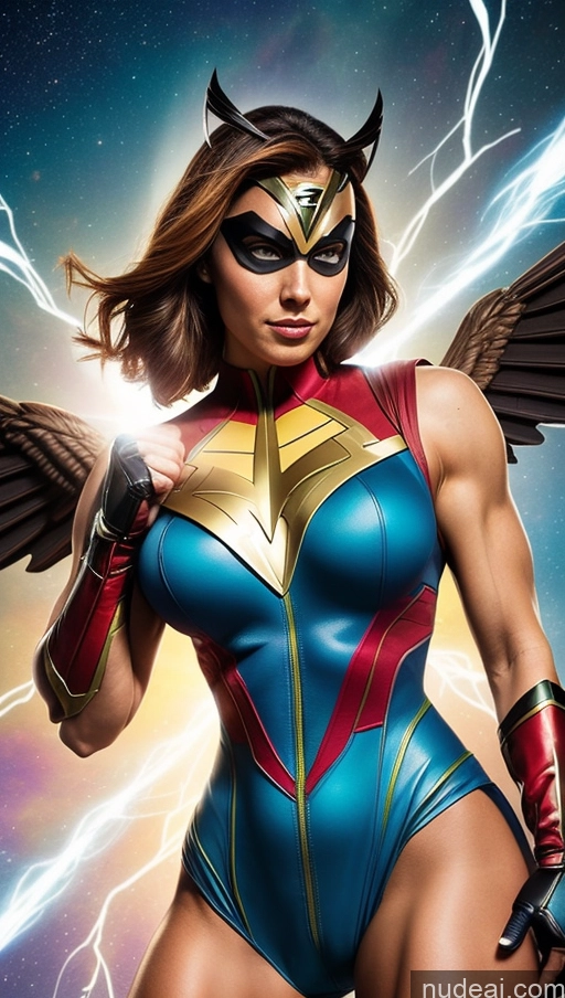 ai nude image of a woman in a costume with wings and a lightning bolt pics of Busty Muscular Abs Captain Planet Superhero Power Rangers Hawkgirl Mary Thunderbolt Spider-Gwen Batwoman Powering Up Surrealist Bodybuilder Dynamic View